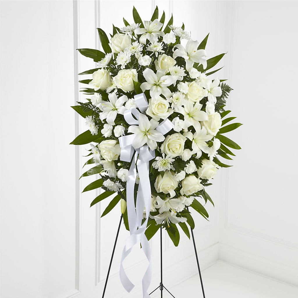 Exquisite Tribute Standing Spray-White Ribbon – BOOL'S FLOWER SHOP, Ithaca NY